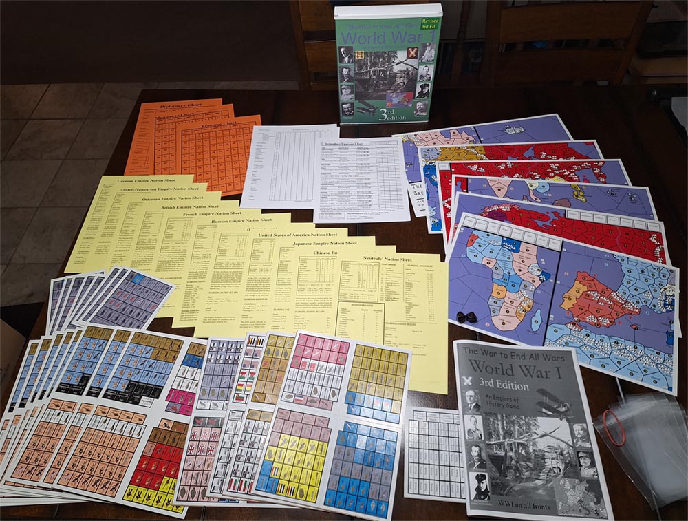 Contents of the War to End All Wars 3rd Edition Revised box set. A WWI territorial strategy game